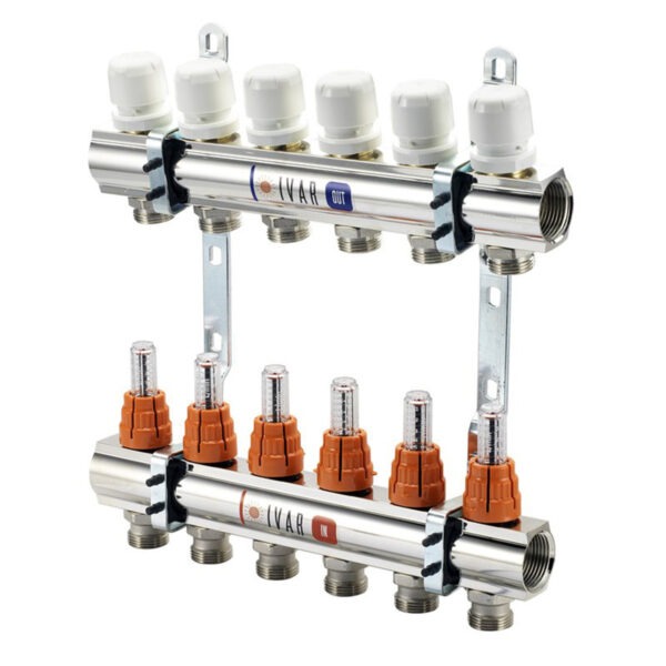 Distribuitor-alama-tur-retur-1-cu-debitmetre-Ivar Distribuitor pardoseală alamă 1" 10 căi cu debitmetre IVAR