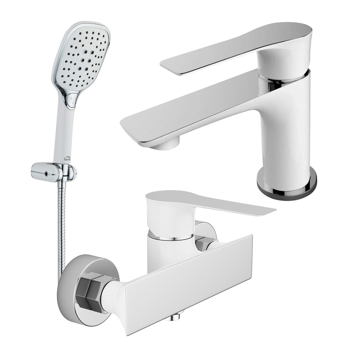 Set baterii baie CasaBlanca Level alb-crom: baterie lavoar, baterie duș și set duș