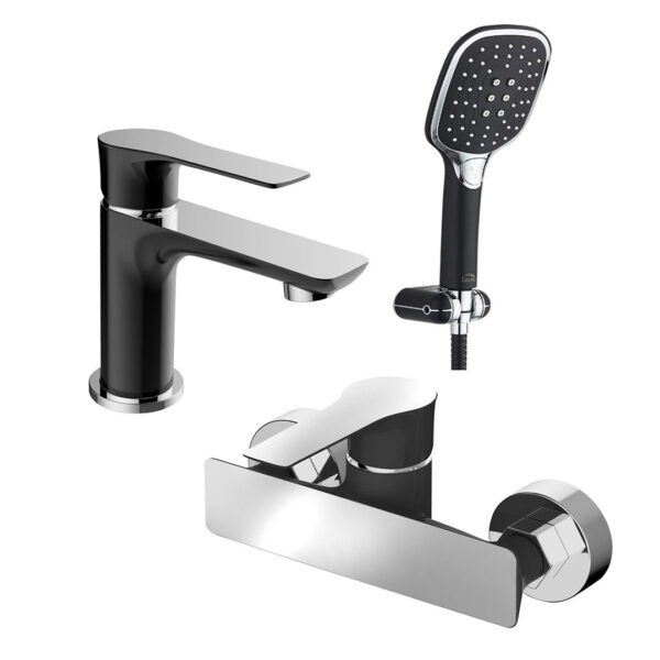 promo-set-baterii-negre-setlev4 Set baterii baie CasaBlanca Level negru-crom: baterie lavoar, baterie duș și set duș