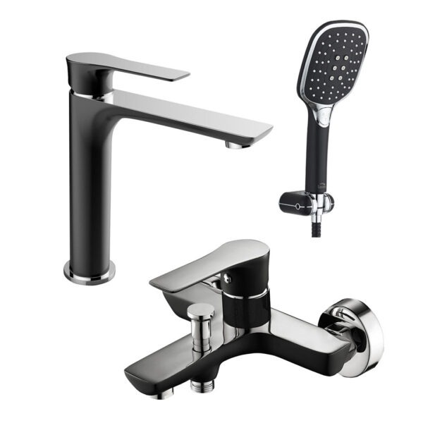 promo-set-baterii-negre-setlev5 Set baterii baie CasaBlanca Level negru-crom: baterie lavoar, baterie cadă și set duș