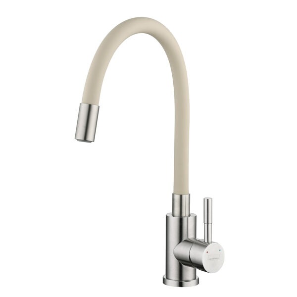 Baterie-bucatarie-inox-Twist-bej Baterie bucătărie din inox cu pipă flexibilă CasaBlanca Twist bej